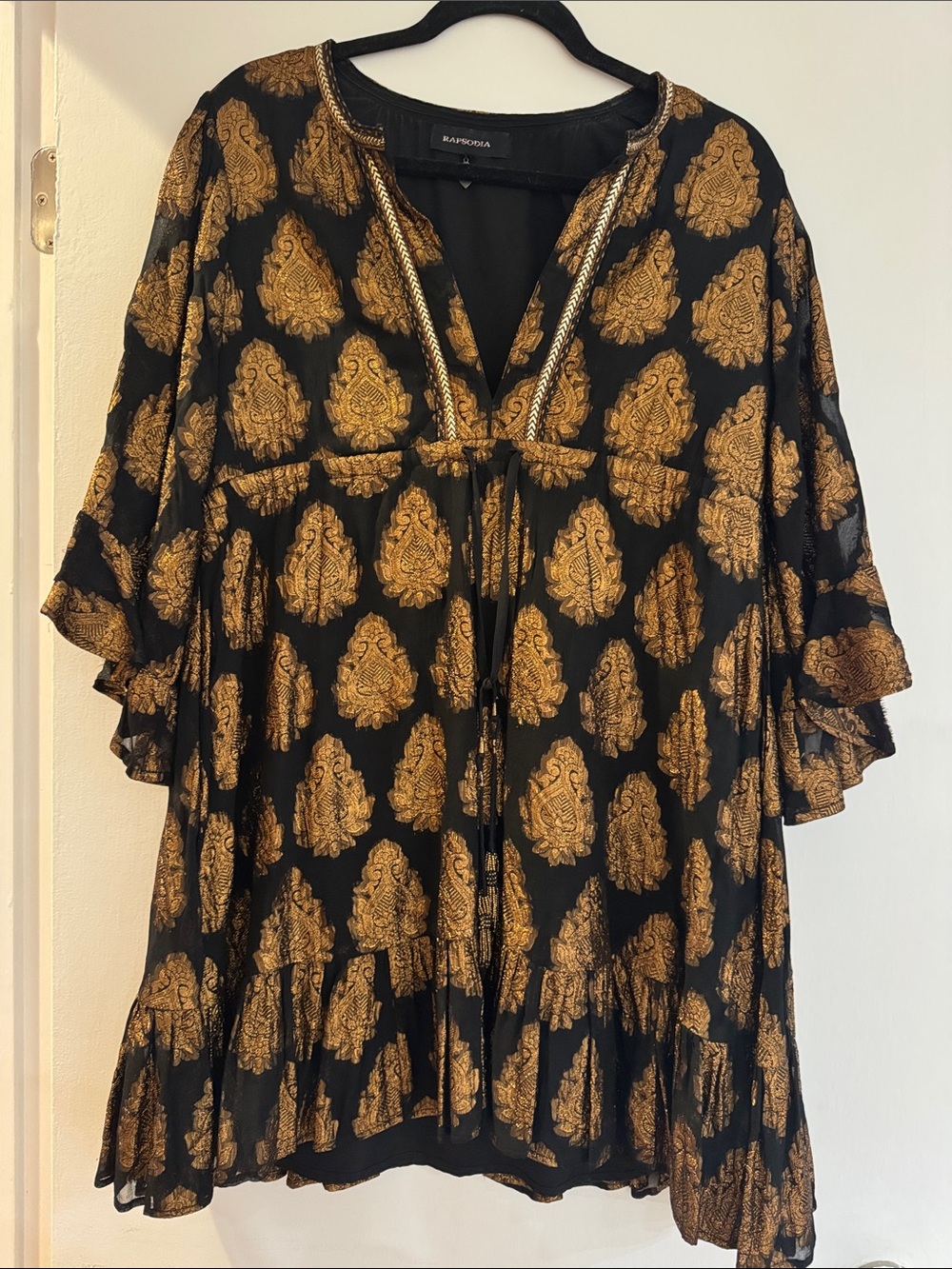 Rapsodia Black Mini Dress with Gold Metallic Paisley